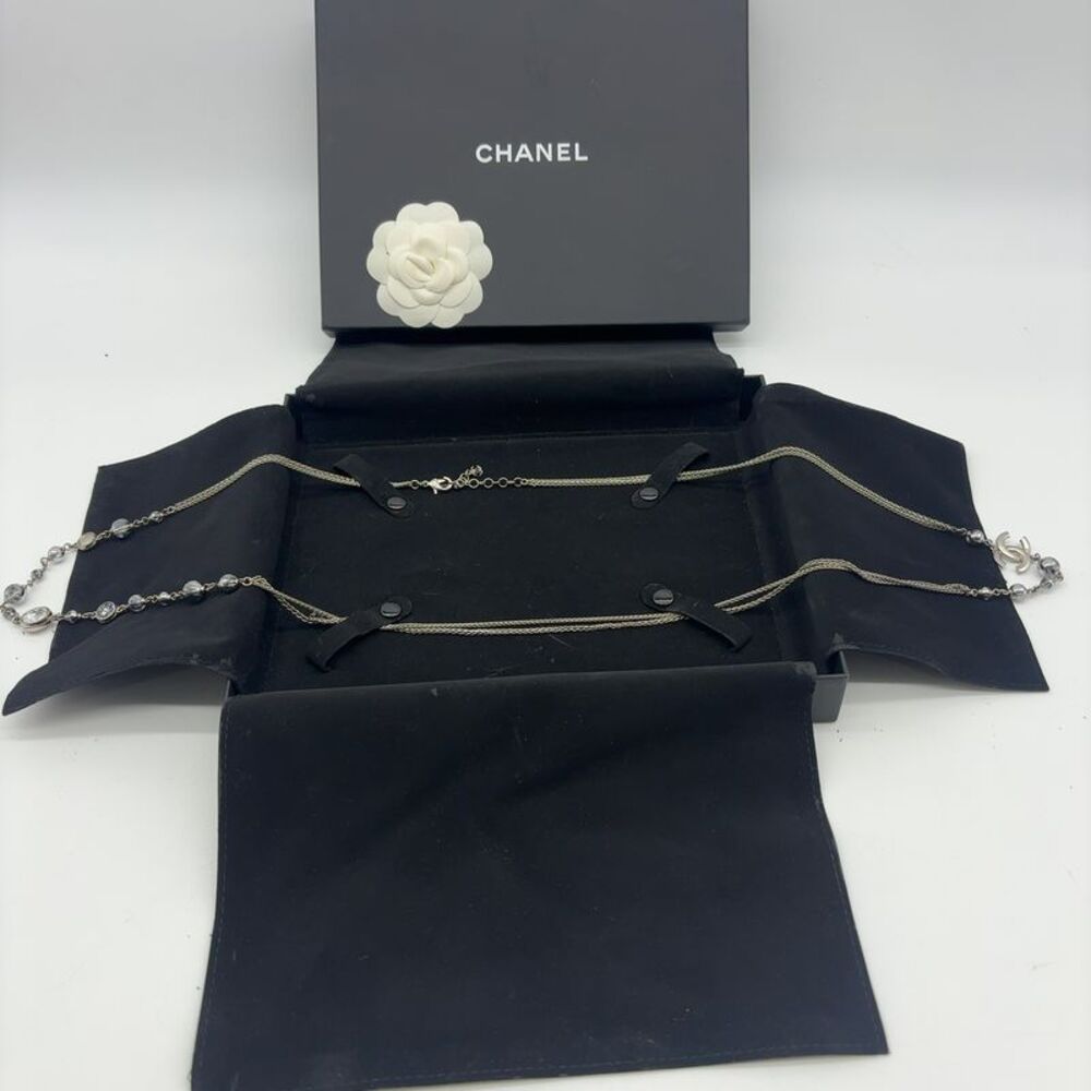 CHANEL Crystal Beaded CC Long Necklace Silver - Picture 5 of 7